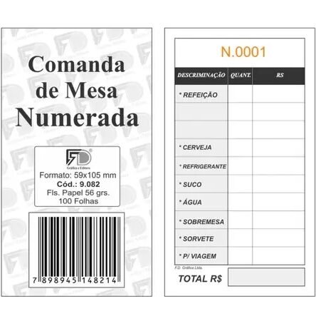 COMANDA DE MESA NUMERADA C/100 FOLHAS REF 9082