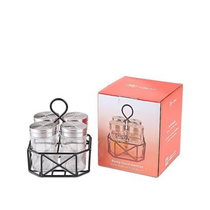 KIT 4 PECAS PORTA CONDIMENTOS DE VIDRO COM SUPORTE 90 ML